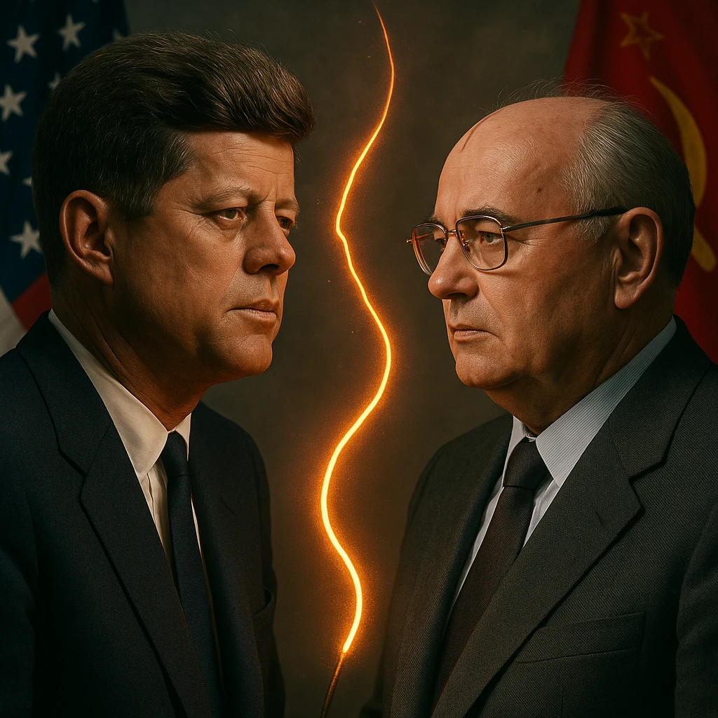 realistic portrait of John F. Kennedy and Mikhail Gorbachev with a glowing hot wire between them, US and Russian flags, Cold War context emoji