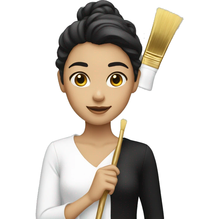 Person girl holding a golden brush in white and black clothing with a straight position and chin up emoji