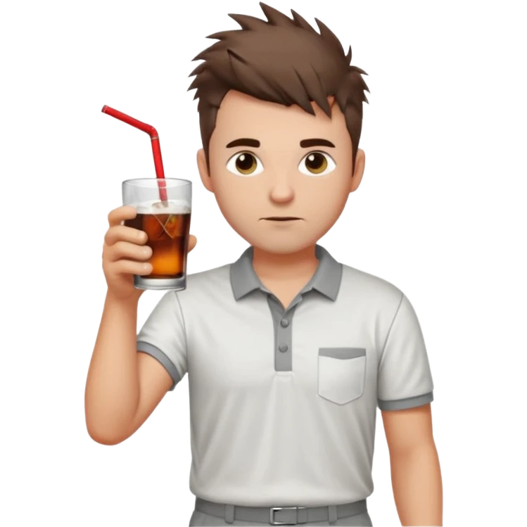 Handsome male.short messy brown hair.mowhawk hairstyle. wearing white golf shirt.grey shorts. Drinking brandy and coke . Drunk. Remove straw emoji