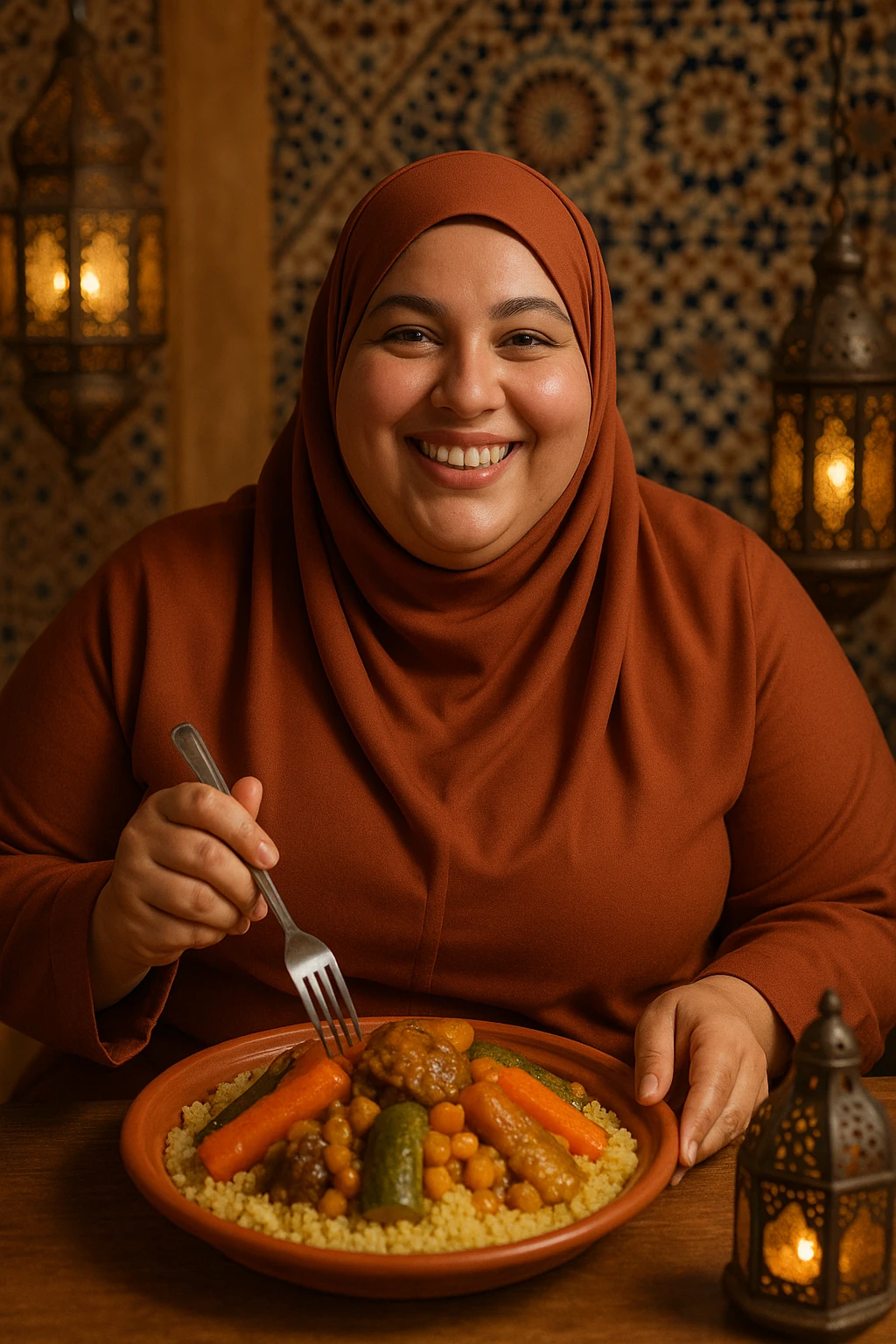a curvy Moroccan woman in an integral hijab, enjoying couscous at a table emoji