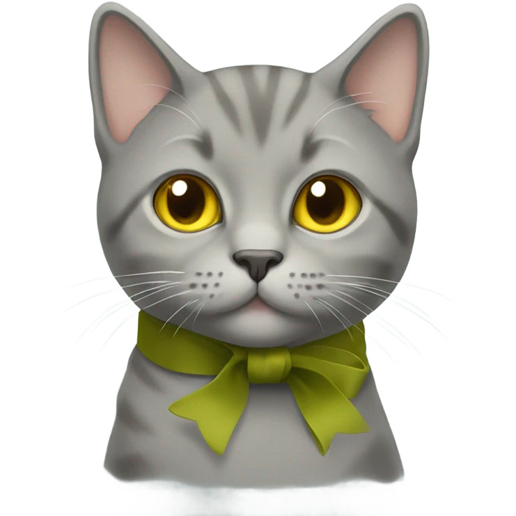 yellow british gray cat with olive color ribbon emoji