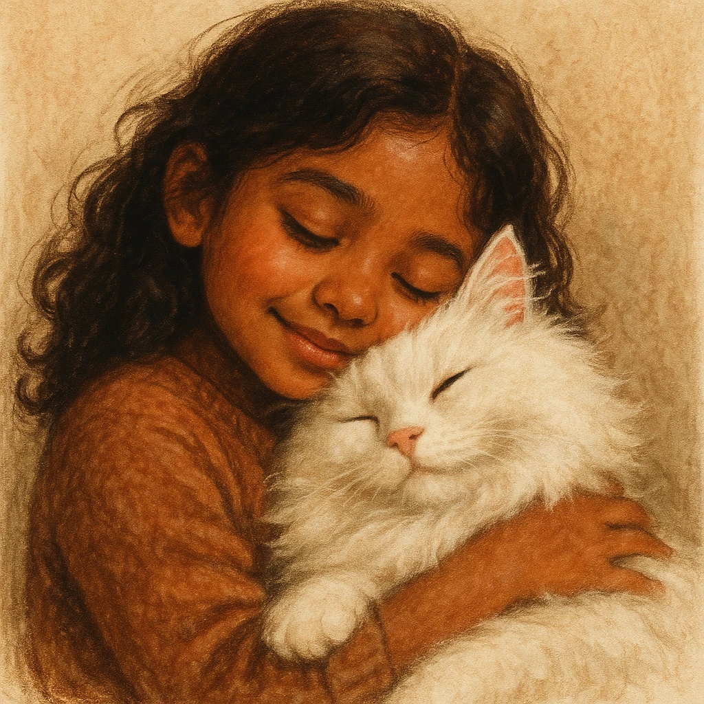 brown girl snuggling fluffy white cat, style 8 emoji