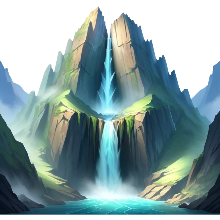 A giant mountain split in half, revealing a glowing core inside. Jagged edges, waterfalls flowing from the cracks, and mist rising. A dramatic sky with sunlight breaking through, creating a magical and surreal atmosphere. emoji