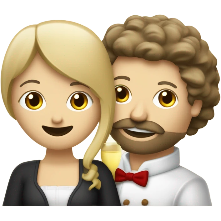 Repas raclette et deux verres de vin blanc en couple, femme blonde cheveux aux-dessus des épaules homme petite barbe et moustache grisonnantes et cheveux bruns grisonnant  emoji