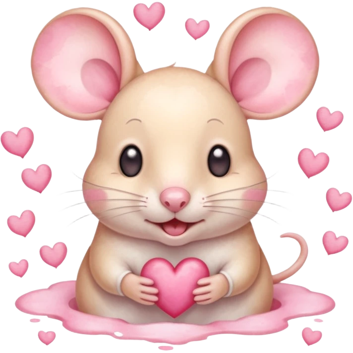 This is a cute watercolor illustration of a small, cream cartoon mouse with large, round, pink-lined ears. The mouse has heart eyes, a small open mouth, and is surrounded by floating pink hearts, conveying a feeling of love, adoration, or strong affection. emoji