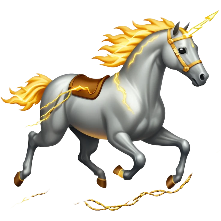 Fast electric horse galloping with electricity flowing through metal plates, sparking wires, and lightning bolts coming off its body emoji