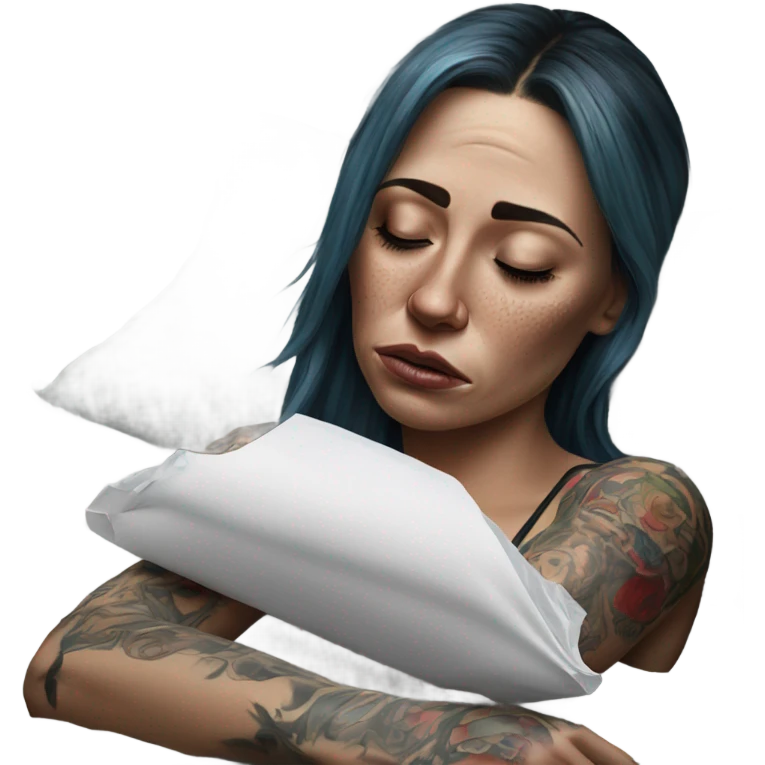 Hyper Realistic Beautiful tattooed woman crying holding a tissue lying on her bed emoji