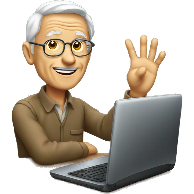 Old man in front of computer waving emoji