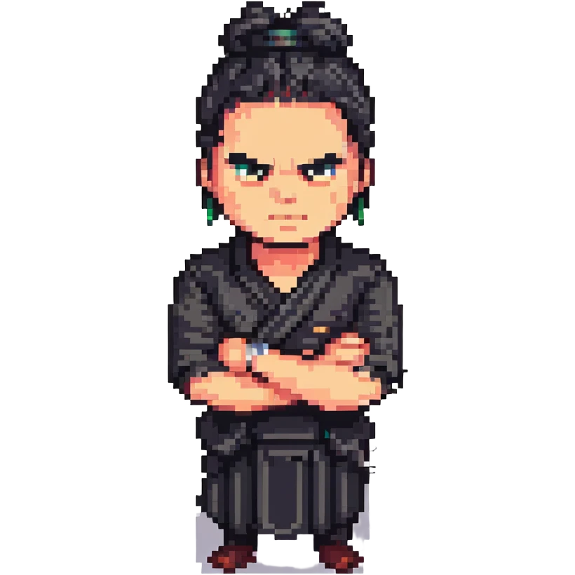angry man with long black hair tied in a bun, arms crossed, dressed in black, pixel art 32bit style emoji