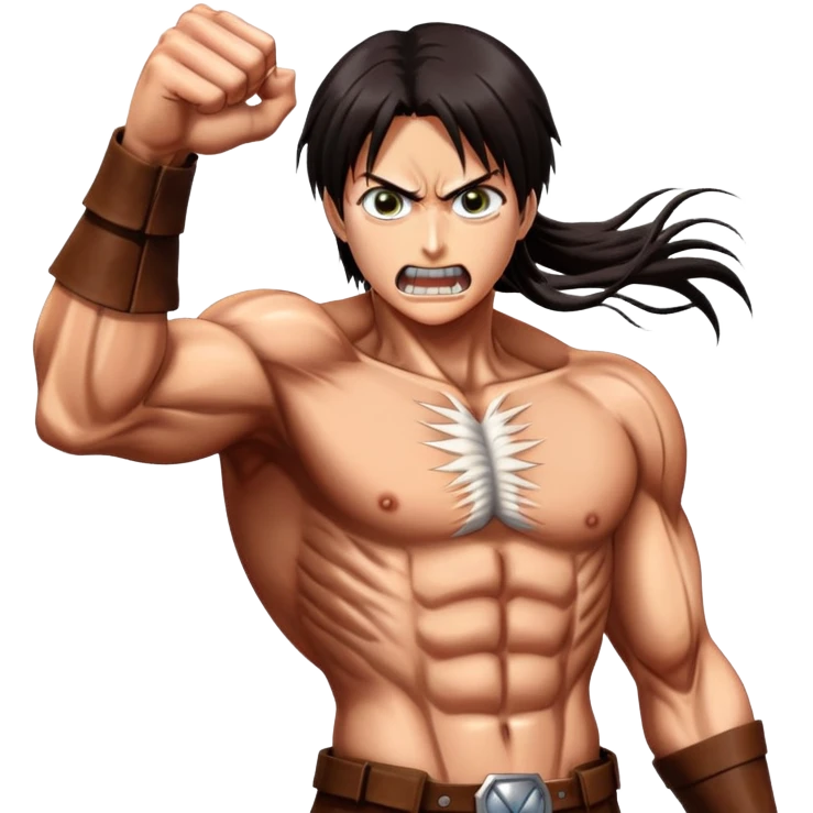 Eren's Attack Titan form from Attack on Titan, muscular with long dark hair and exposed teeth emoji