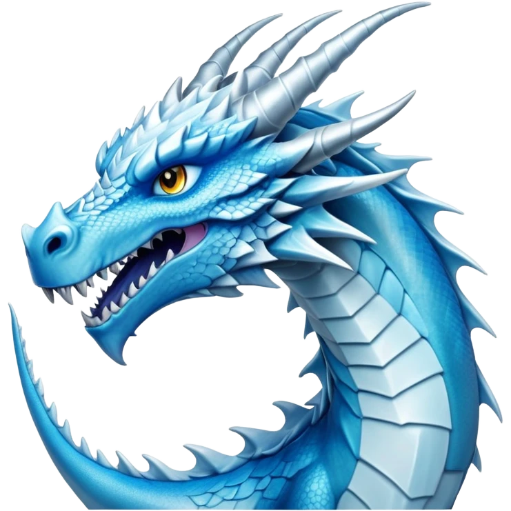 Cinematic Noble Fierce Ice Dragon Portrait Emoji, Poised and imposing, distinct long elegant snout, with a slender, scaled body shimmering in glacial hues of icy blue, frostbitten silver, and crystalline white, breathing out frost, with piercing, glowing eyes that radiate the chilling depths of an arctic storm; rendered in detail. emoji