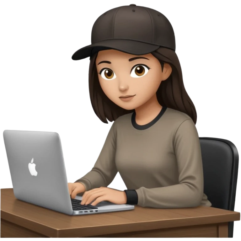A professional 3D avatar of a young woman with olive skin and long, dark brown hair, wearing a dark, long-sleeved classy taupe shirt and a black baseball cap. She's sitting at a sleek wooden desk, typing and looking at a silver MacBook.  emoji