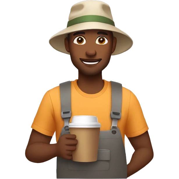 man holding two coffees wearing a bucket hat emoji