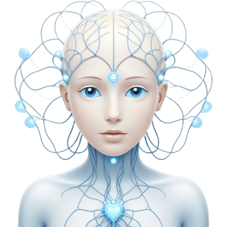 minimalist human figure with luminous cores at head and heart, delicate lines and orbs forming a neural web, soft white-blue light emoji