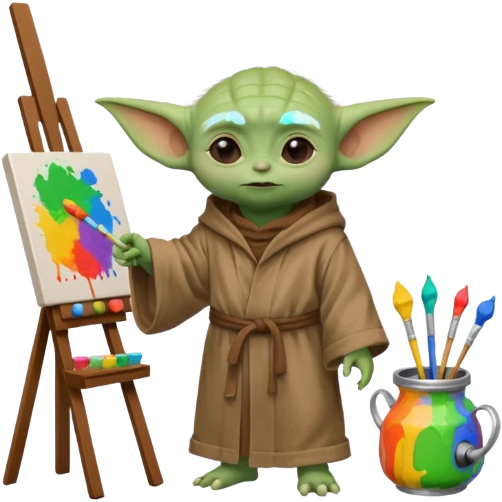 Baby Yoda in his brown robe listening music on his headphones, painting a picture on an easel and surrounded by paint pots. emoji