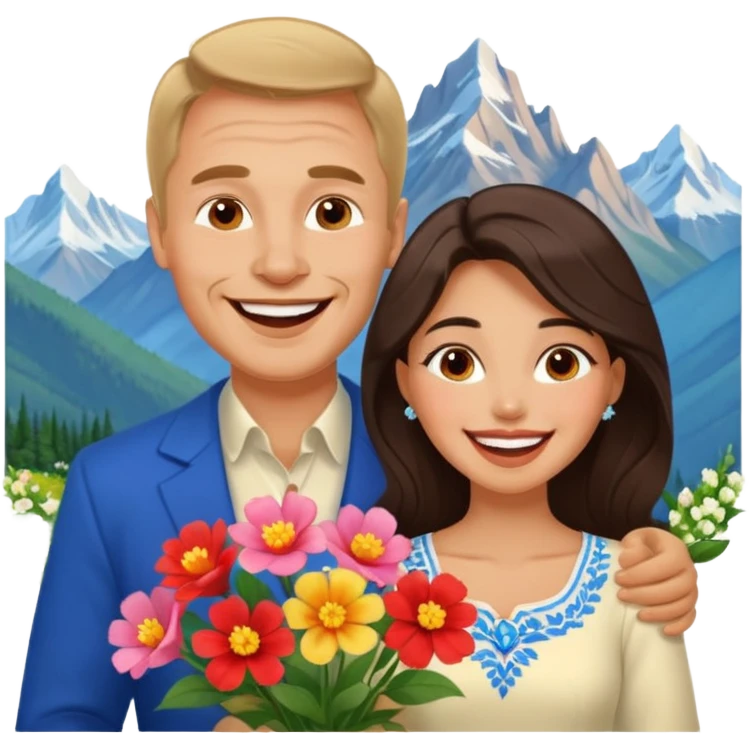 Laughing Couple traveling in Montenegro russian man and elegant  Latina girl delicate flowers and mountains in the background emoji