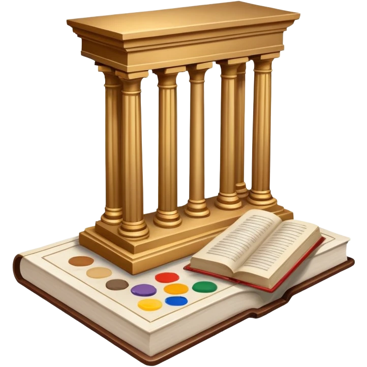An icon featuring a paint palette, a sculpture, and a book, symbolizing the study of culture and art. The design includes a classical column and a canvas, representing art history and cultural exploration. Transparent background highlights the connection between creativity and history. emoji