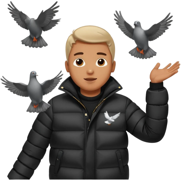 puffer shiny black jacket man open arms looking at a flying pigeon emoji