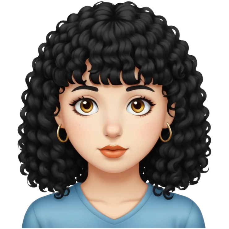 Cabelo preto cacheado e com franja, branca, piercing no nariz emoji