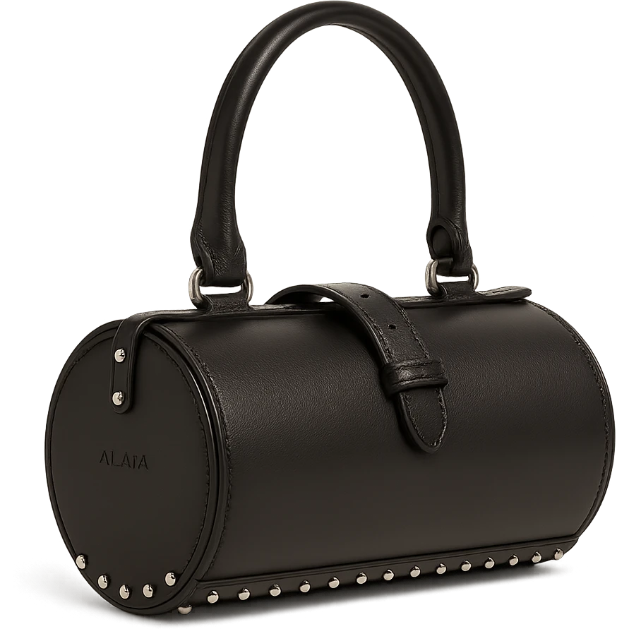 Alaïa Teckel bag, shown from the side, highlighting the cylindrical silhouette and studded accents, luxury leather, fashion accessory, on white background emoji