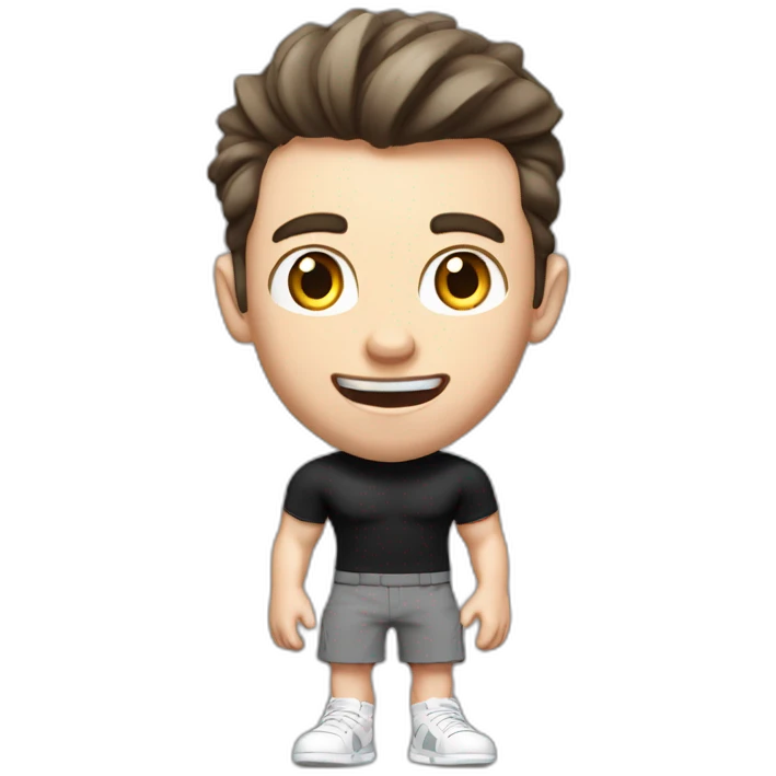 amazed Open with surprise mouth Pale skinned Fit Man With the biceps and dark brown hair in black shirt, gray sports shorts and white Sneakers emoji