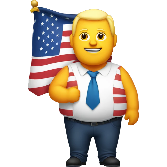 fat white man with an orange face and yellow hair holding the american flag emoji