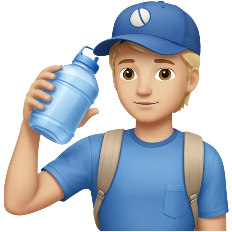 Blonde haired man wearing blue shirt and baseball cap delivering water jug which is placed on shoulder  emoji