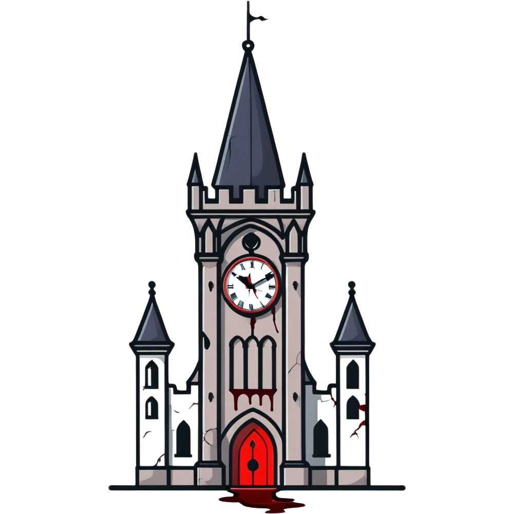 Gothic clocktower with blood running down its stone walls, creepy atmosphere emoji
