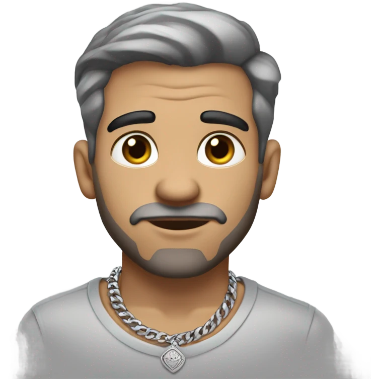 Full body image  of a Man with tattoos, brown hair and grey highlights, thick silver Cuban necklace that has big wide eyes looking to the side curiously emoji