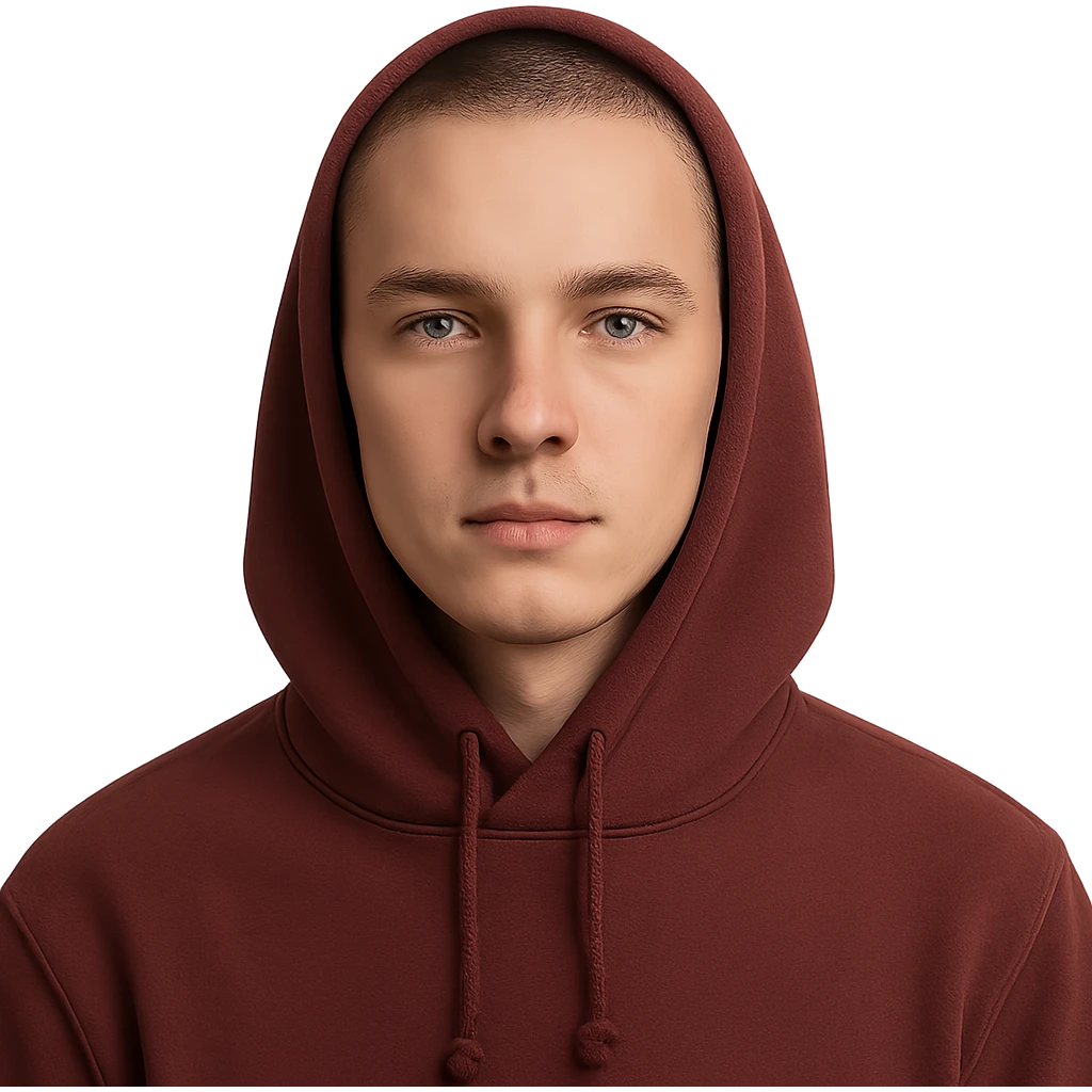 young European male wearing maroon hoodie with hood up, short brown buzzcut, smooth skin, oval face, defined jaw, high cheekbones, sharp eyes, straight eyebrows, neutral calm expression emoji