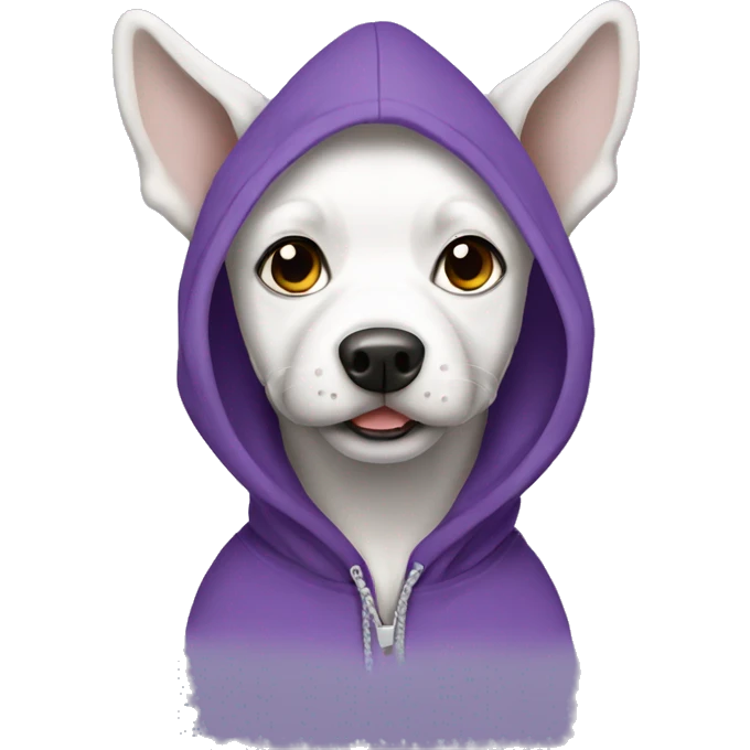 White and grey dog wearing a purple hoodie emoji