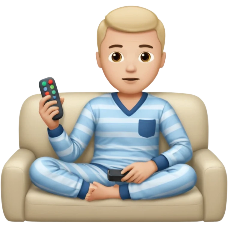 male memoji, lazy man in pajamas, lying on couch, holding TV remote, relaxed bored face, casual home vibe emoji