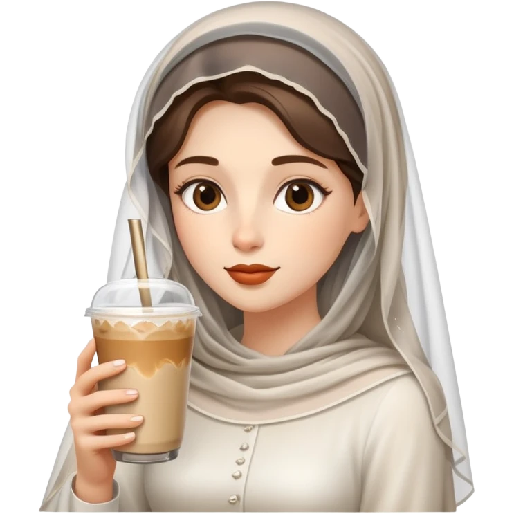 Elegant veiled girl drinking iced latte emoji