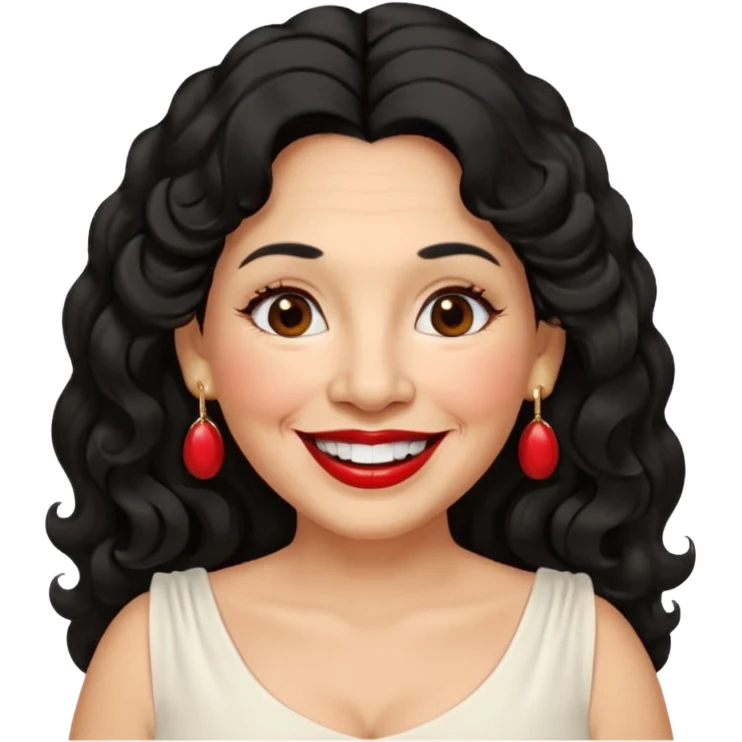 60 yr old peruvian woman, slightly chubby, wavy/curly long black hair, red lipstick, big smile, white teeth, brown eyes, hoop earings, side part to hair, round face, pretty white dress emoji