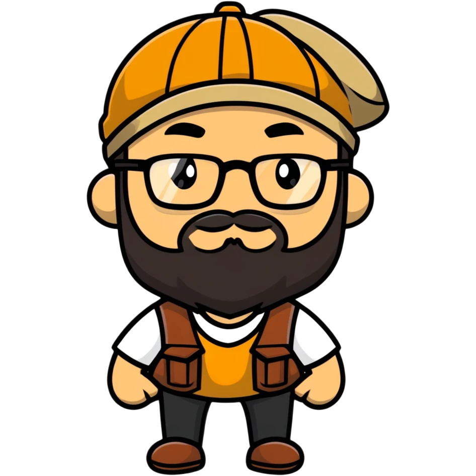 Adventurer with glasses, a beard and tan colored cap emoji