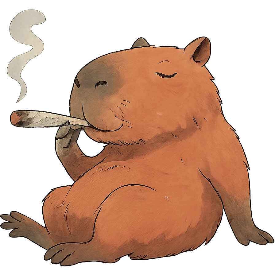 a capybara lounging and smoking a hand-rolled weed joint, playful, ghibli style emoji