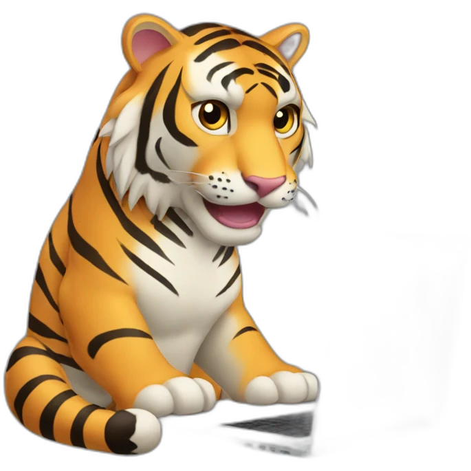 A tiger who study on a laptop with the word "AVEX" on the laptop emoji