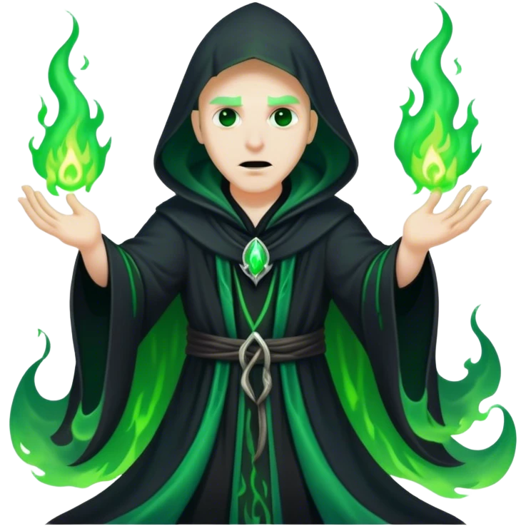 A dark sorcerer in flowing black robes, conjuring eerie green flames emoji