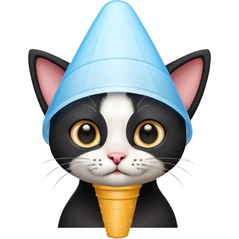 A mostly black kitten with a white chest and a plastic cone on around his head after surgery emoji