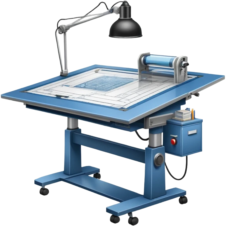 An icon featuring an engineering drafting table with a blueprint, a ready machine, and microchips, symbolizing engineering. The design includes gears, tools, and circuit boards, representing the design, creation, and innovation in technology. Transparent background highlights the science of building emoji