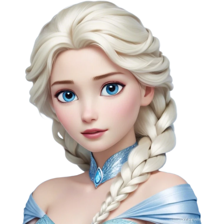 Cinematic Realistic Elsa Portrait, depicted with lifelike skin texture, soft natural lighting, and intricately detailed platinum blonde hair styled elegantly. Her striking, expressive blue eyes exude confidence and grace, complemented by a serene and regal expression. She is dressed in her signature icy attire, with shimmering fabric textures and delicate folds that catch the light beautifully. The portrait features a soft, enchanting glow with a cool, radiant finish, capturing the essence of timeless elegance in a realistic and painterly style, evoking a sense of depth and authenticity. emoji