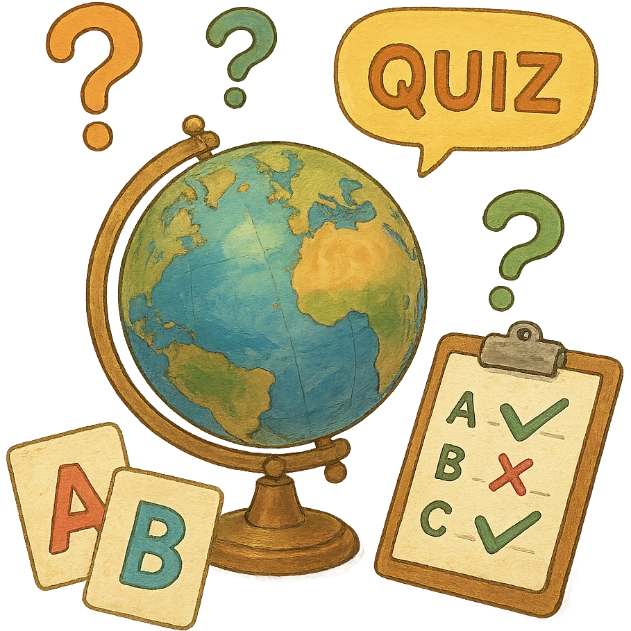 ghibli style illustration of a globe and quiz elements emoji