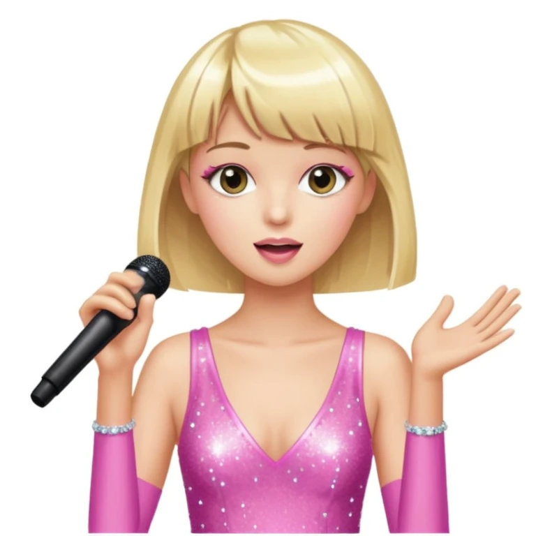 Pretty and thin tall Blonde pop star with bangs singing onstage, wearing a sparkly pink outfit   emoji