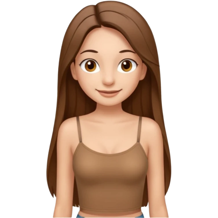 Waist-up girl standing straight on white background. Wearing a brown Skims spaghetti strap top. Very long straight brown hair with a middle part. Brown eyes with long lashes. Smiling with braces. emoji