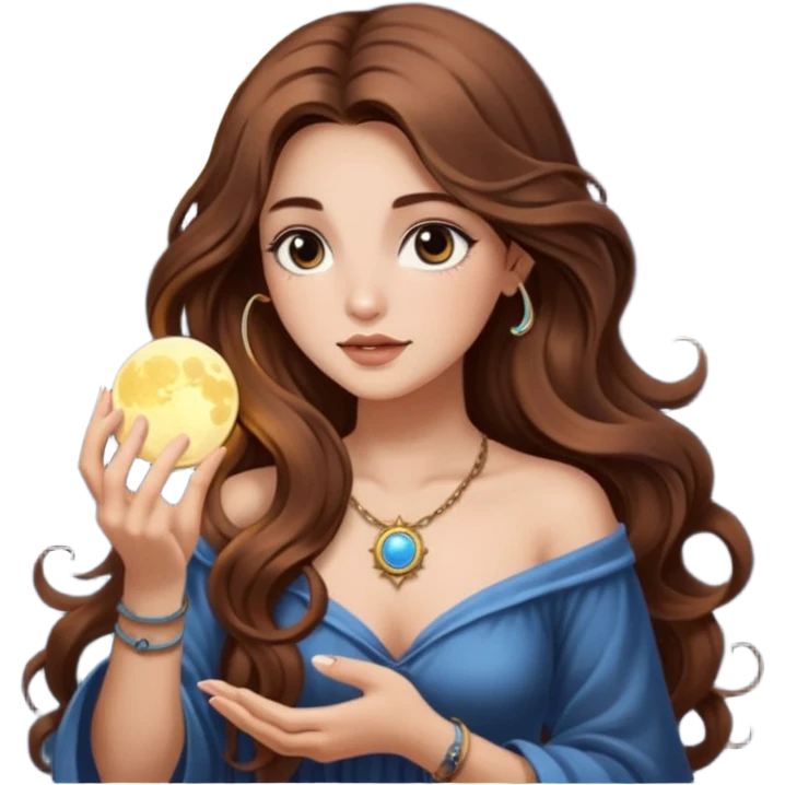 moon mystic woman long wavy brown hair tattoos opening tiny light box emoji