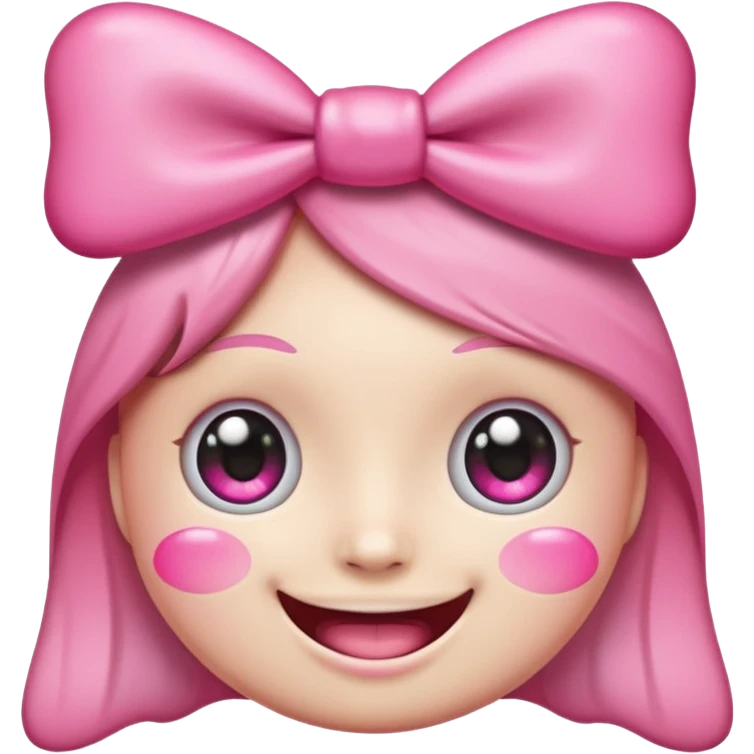 surreal and kawaii emoji face with huge sparkling cartoon eyes, a wide realistic human smile with perfect teeth, pink cheeks, and a big pink bow on its head. The background is transparent. Above the head, the text "kawowiwo-wiwi" is written in a playful, handwritten font emoji
