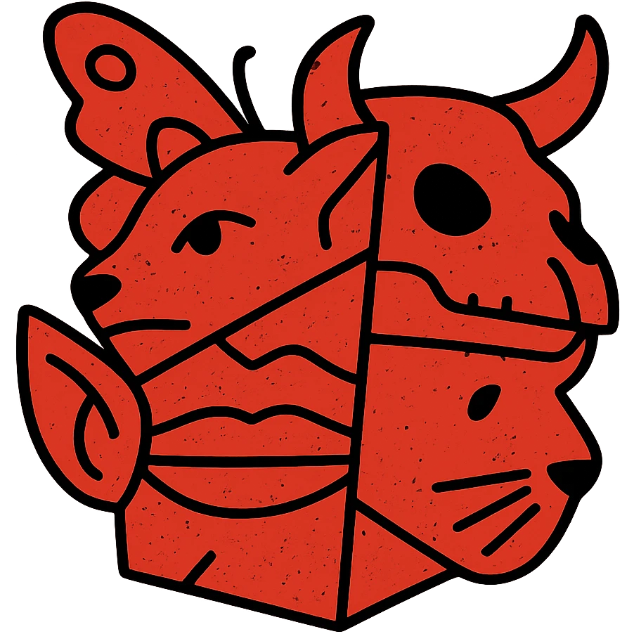 a red collage icon made of irregular cut-up pieces with visible line splits: stoat eyes/face section, minotaur skull with horn section, frog mouth section, elf ear section, cat whiskers section, and moth wings growing from the back of the head, arranged in an irregular cubist-like composition with clear dividing lines, weathered and scratched appearance, entirely red emoji