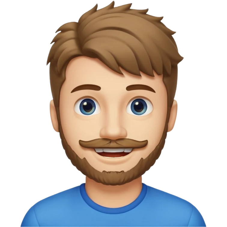 25 year old man, short scruffy beard and sparse moustache, brown puffy mullet, blue eyes, big smile, white teeth, big lips, pronounced jaw, hair longer in back, sticking up on top emoji