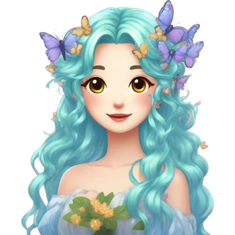 gorgeous shiny anime lady with butterflies and beautiful hair fairycore cottagecore emoji