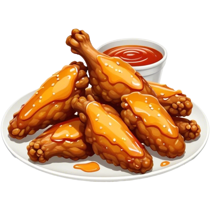 Cinematic crispy chicken wings, golden-brown and glazed with spicy sauce, crunchy coating, juicy inside, piled high with dipping sauce on the side, ultra-realistic and mouthwatering, inviting and bold. emoji